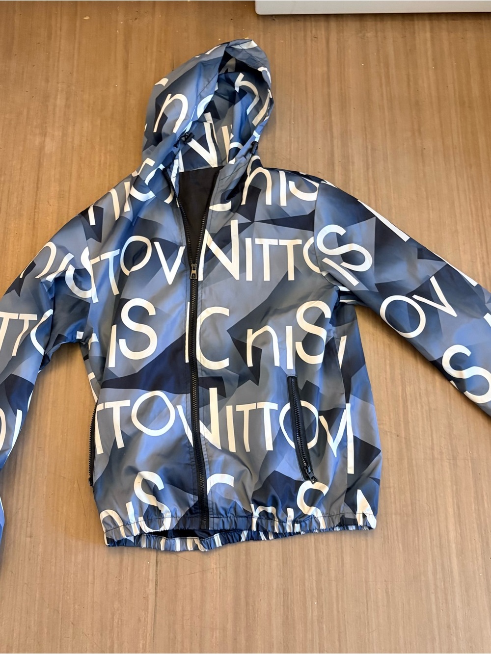 Blue Logo-Print Hooded Windbreaker Jacket